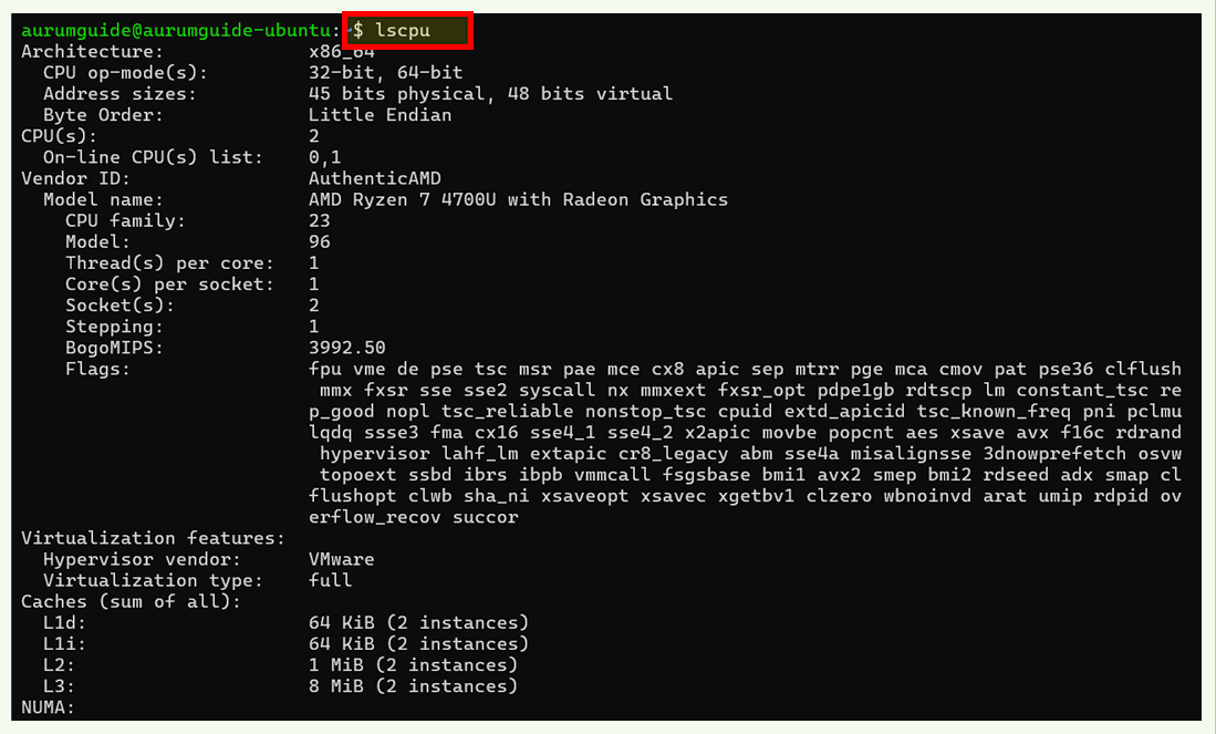 CPU 정보 확인 명령어입니다.