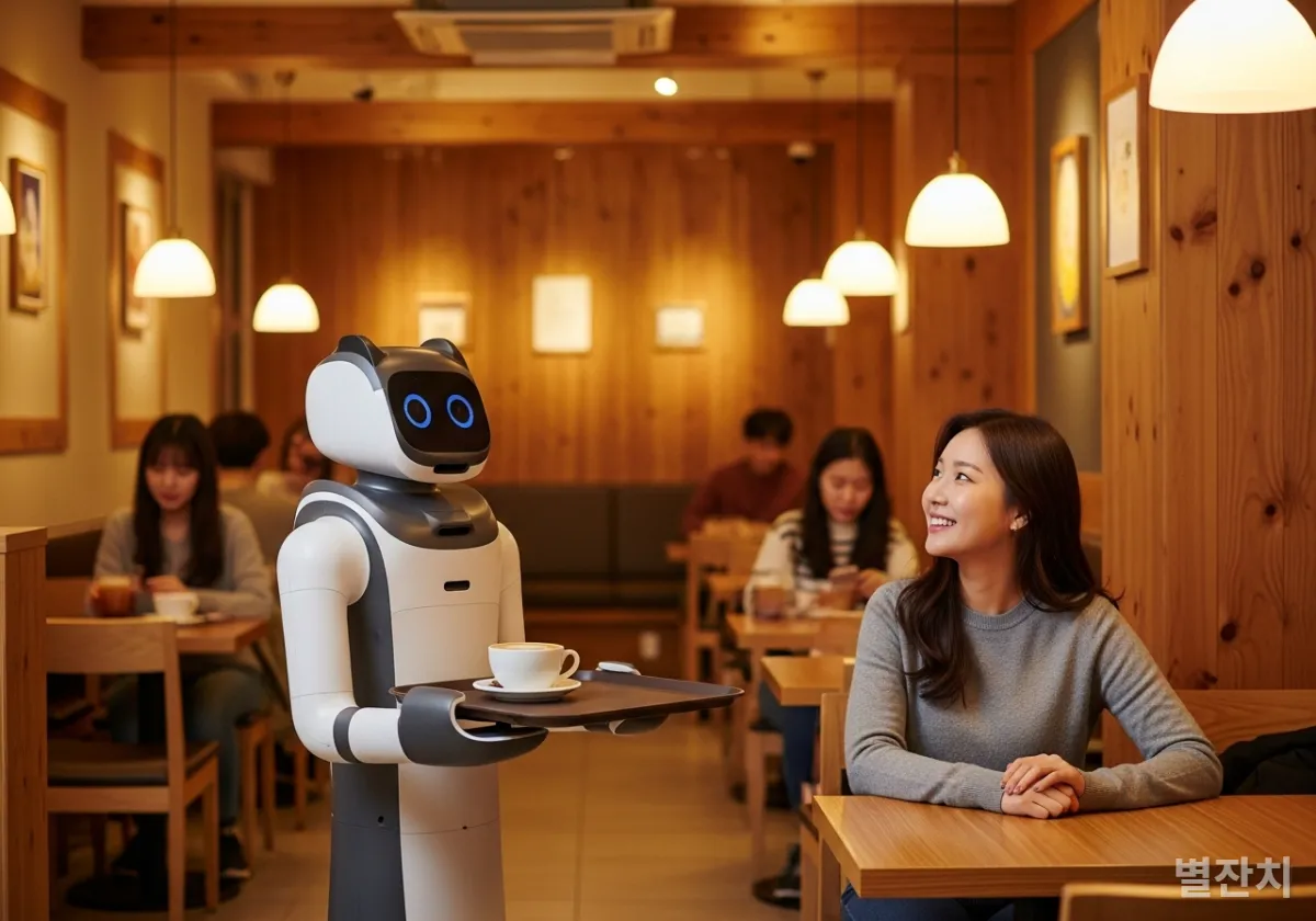 서울의 아늑한 카페에서 로봇 서빙을 받으며 미소 짓는 한국인 손님