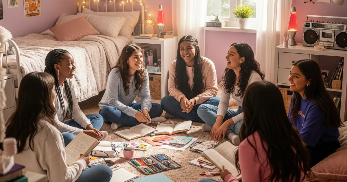 다양한 소녀들이 감성적인 분위기 속에서 우정을 나누는 방