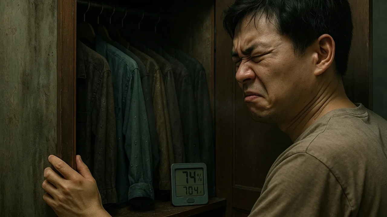 옷장을 열었을 때 나오는 습기와 곰팡이 냄새로 얼굴을 찌푸리는 모습, 옷장 내부 습도계가 70% 이상을 가리키고 있는 장면
