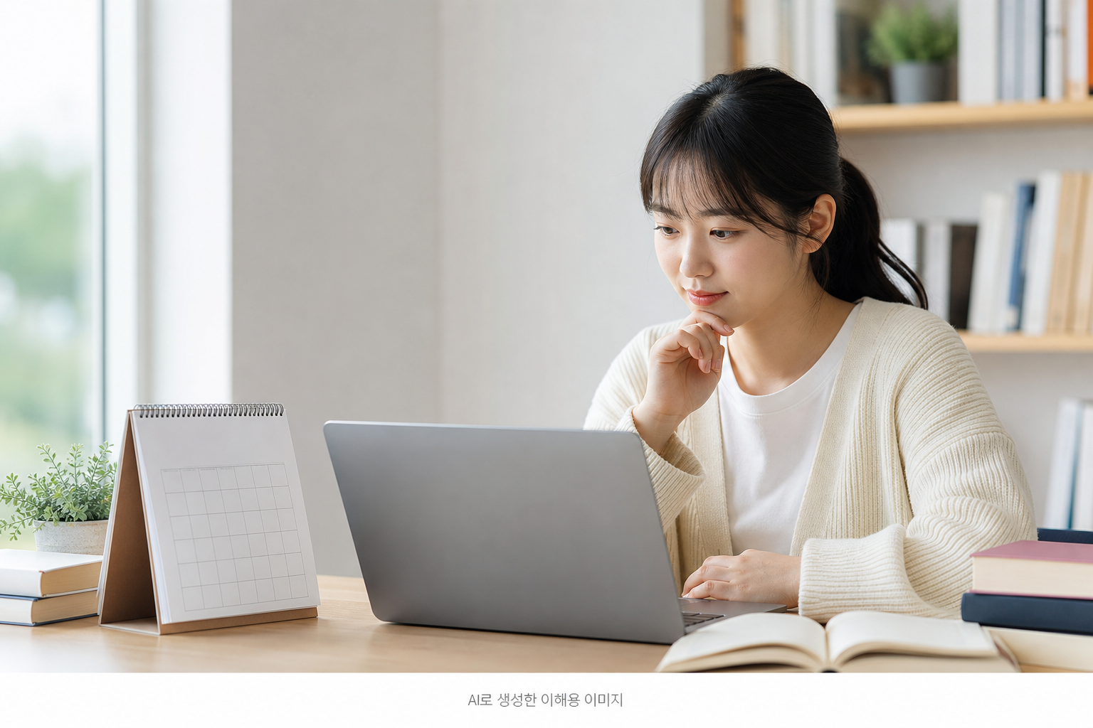 대학생이 노트북과 달력으로 국가장학금 신청 일정을 확인하는 모습