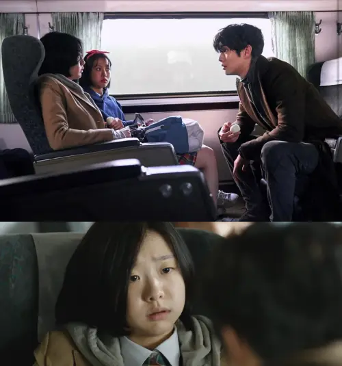 영화 마녀 오디션장으로 향하는 기차 안에서 구자윤을 압박하며 의도적으로 접근하는 귀공자 최우식