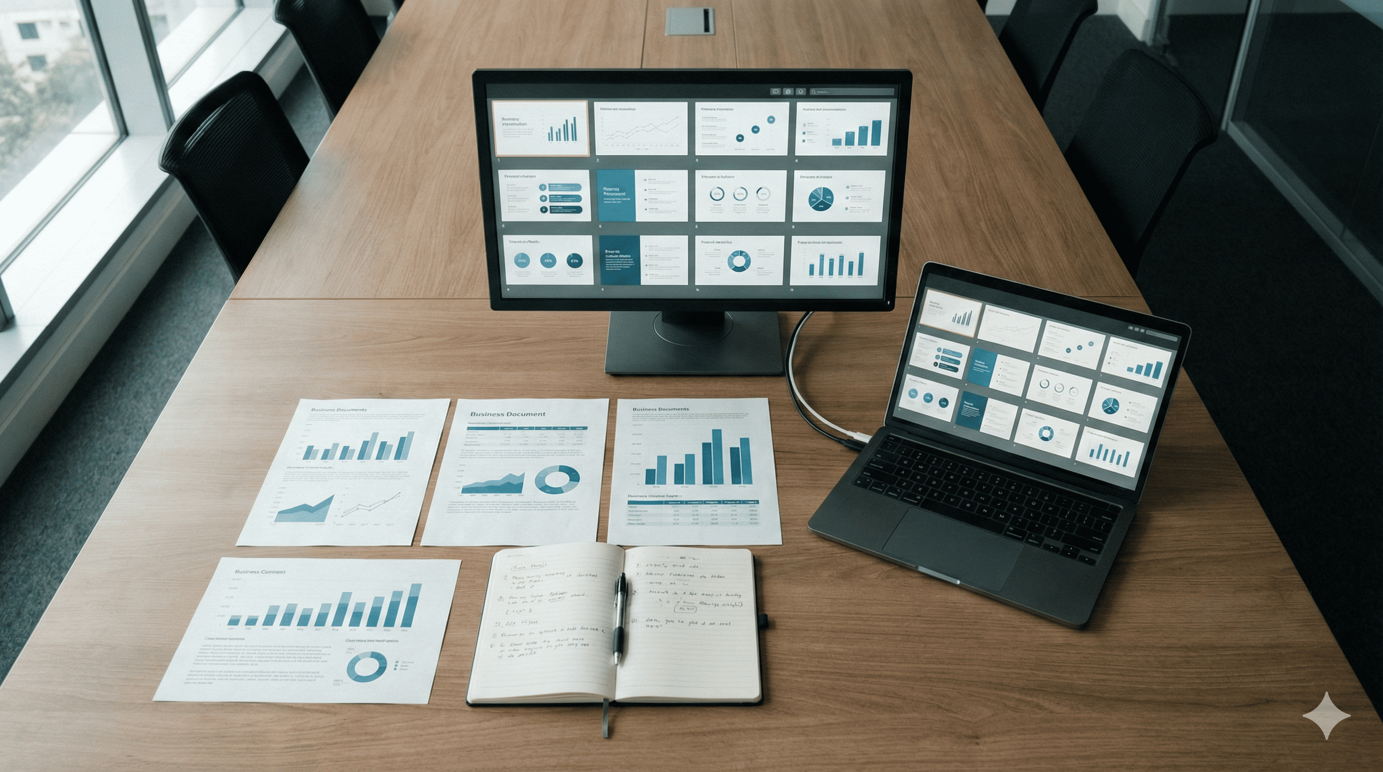 회의실 테이블 위 문서와 자료, 모니터의 슬라이드 썸네일이 보이는 실무 현장