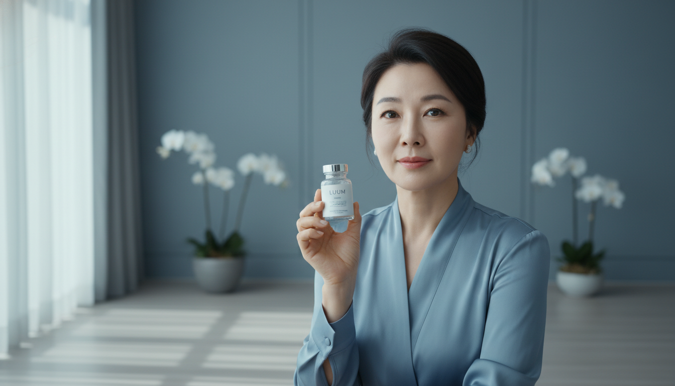 빛나는 피부를 가진 50대 여성이 이너뷰티 영양제 병을 들고 활짝 웃고 있는 모습