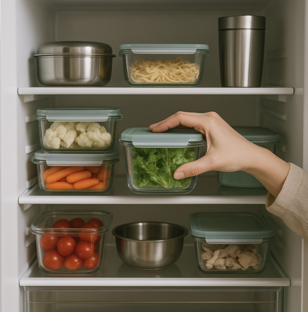 냉장고 속 유리 용기에 신선한 채소와 음식들이 정리된 모습, 한 손이 상추 담긴 유리 용기를 꺼내고 있다.