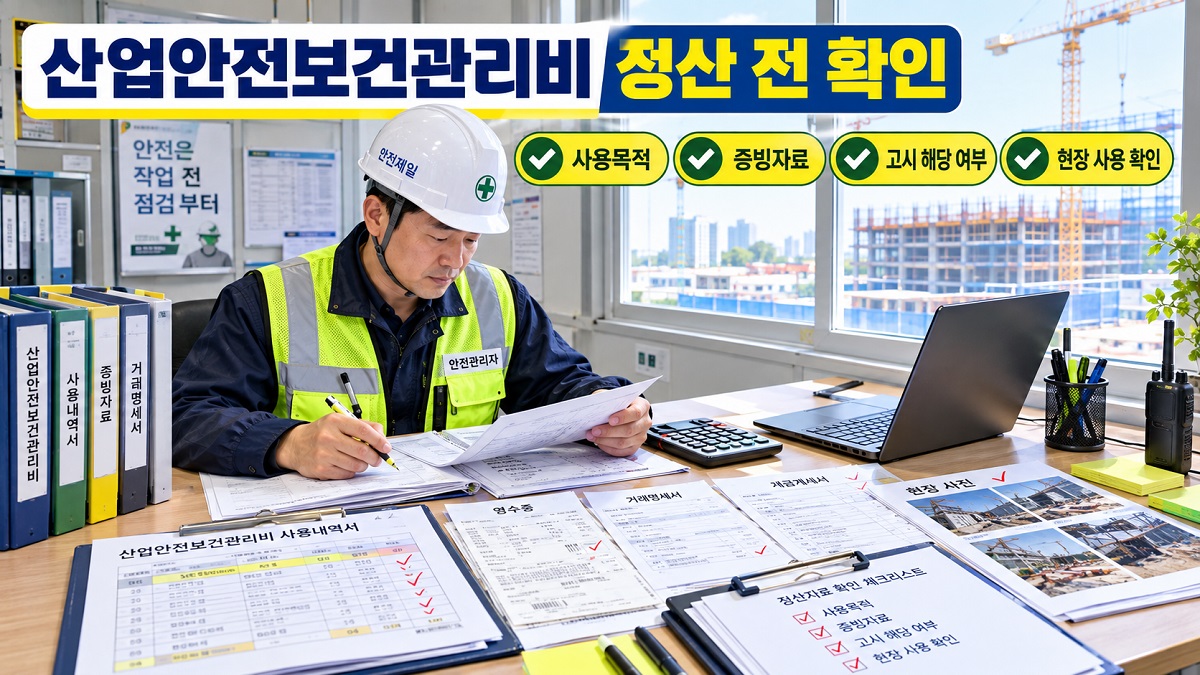 건설현장 안전관리자가 산업안전보건관리비 정산자료를 확인하는 모습