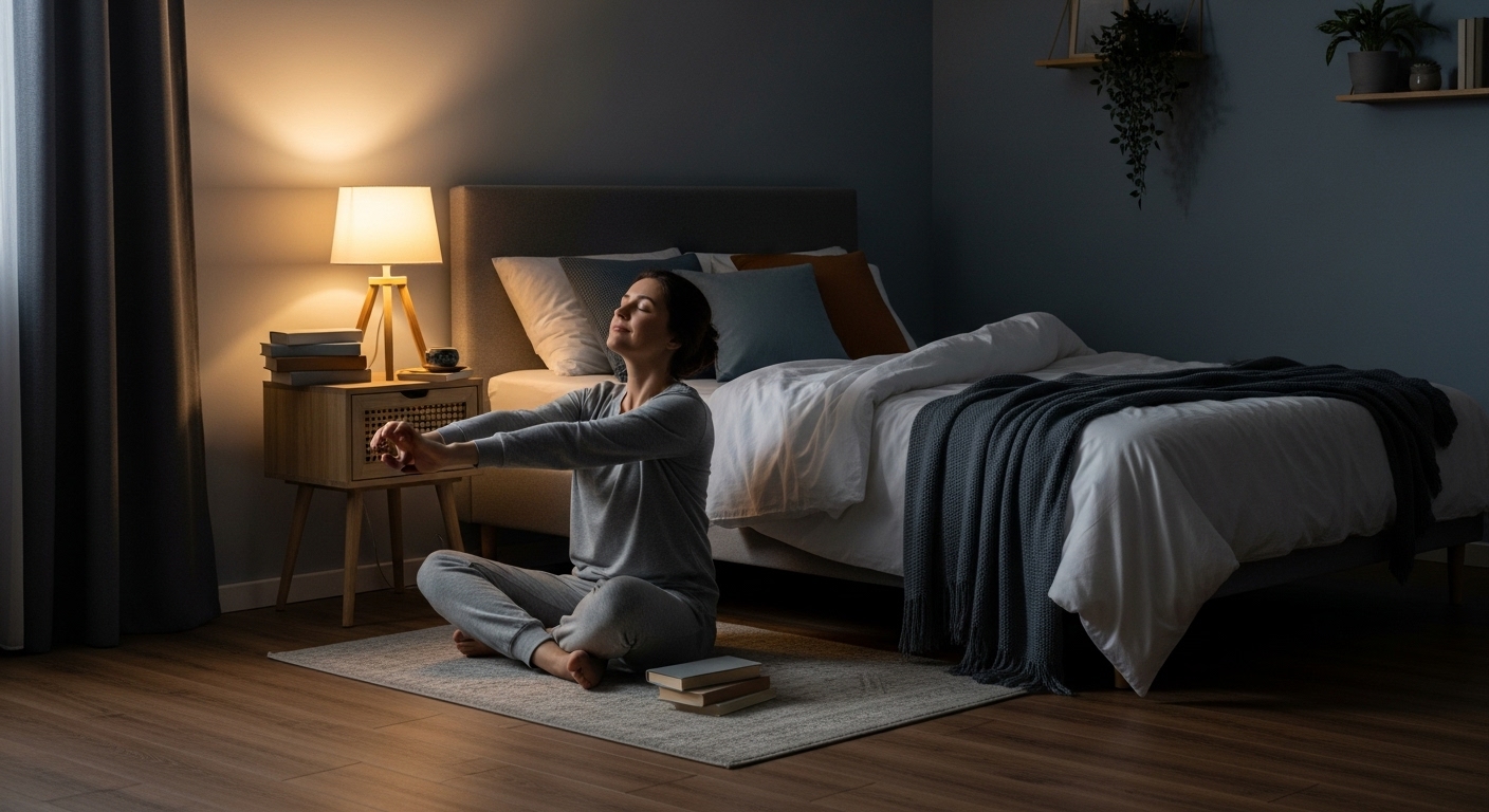어둡고 시원하며 정돈된 침실에서 명상하는 사람의 모습. 이상적인 숙면 환경을 보여주는 이미지