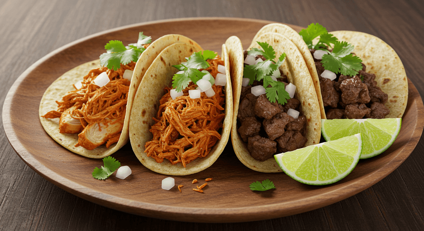 다양한 고기와 채소로 채워진 치폴레 타코 3개가 나무 접시에 담긴 모습 