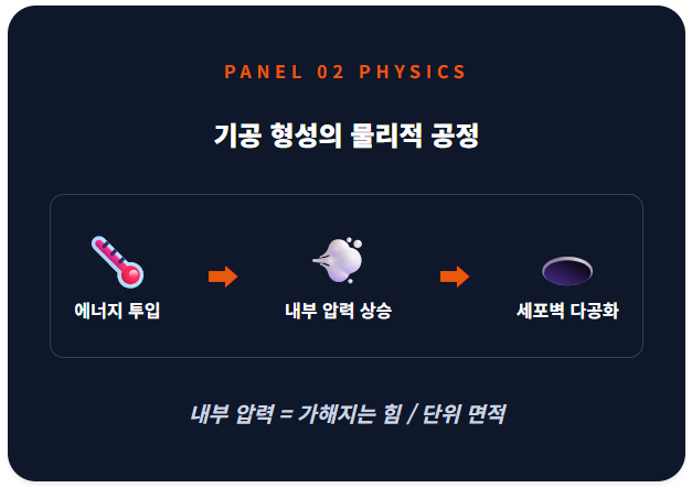 열 에너지 투입에 따른 내부 증기압 상승이 세포벽을 다공화시키는 과정을 시각화함. 내부 압력 = 가해지는 힘 / 단위 면적 공식을 명시하여 기공 형성의 물리적 필연성을 증명함.
