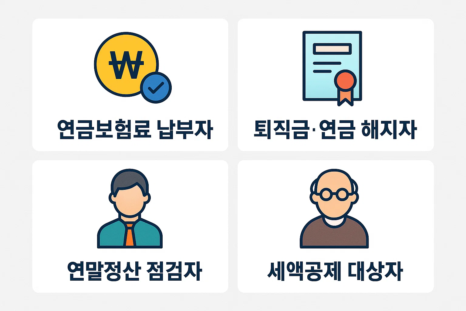 연금보험료 납부자, 퇴직금·연금 해지자, 연말정산 점검자, 세액공제 대상자 등 발급 가능한 사람과 조건을 정리한 인포그래픽입니다.
