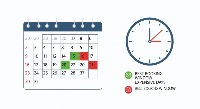 최적의 항공권 예약 시기를 달력과 시계로 시각화한 인포그래픽