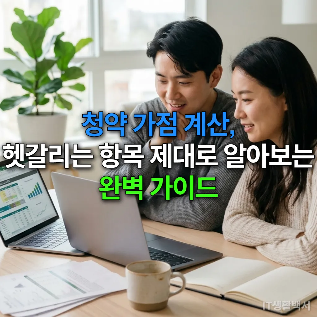 젊은 한국인 부부가 아파트 거실 테이블에 앉아 노트북으로 청약 가점 계산기를 보고 있는 모습