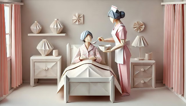 간호사가 여성 환자에게 식사를 제공하는 모습의 이미지, AI생성