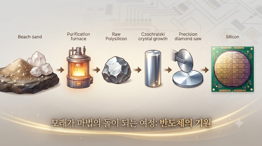 반도체는 흔한 모래(실리콘)에서 시작되지만, 우리가 상상하는 것 이상의 극도로 정밀한 정제와 가공 과정을 거쳐야 비로소 반도체 칩의 기판인 '웨이퍼'가 됩니다. 반도체 소재의 세계로 들어가는 첫 번째 관문을 소개합니다.