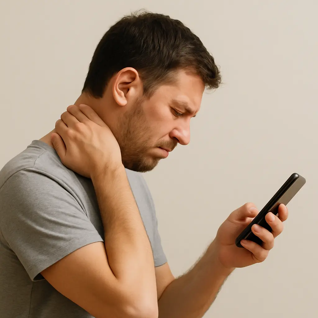 중앙-시점에서-스마트폰을-내려다보며-목을-손으로-누르며-통증을-호소하는-젊은-남성의-측면-사진