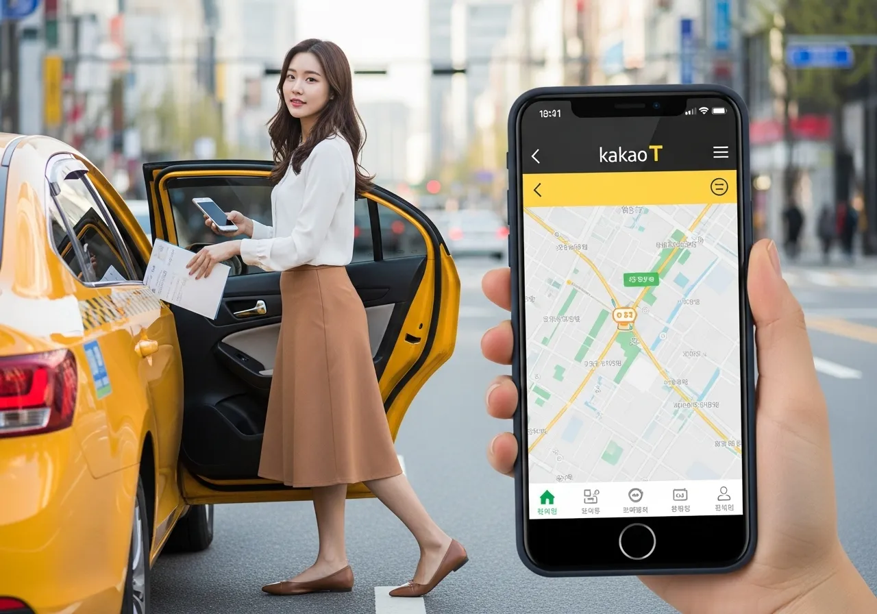 20대 한국 여성이 서울 거리에서 스마트폰의 Kakao T 앱으로 택시를 호출한 후 막 도착한 택시에 탑승하고 있다.