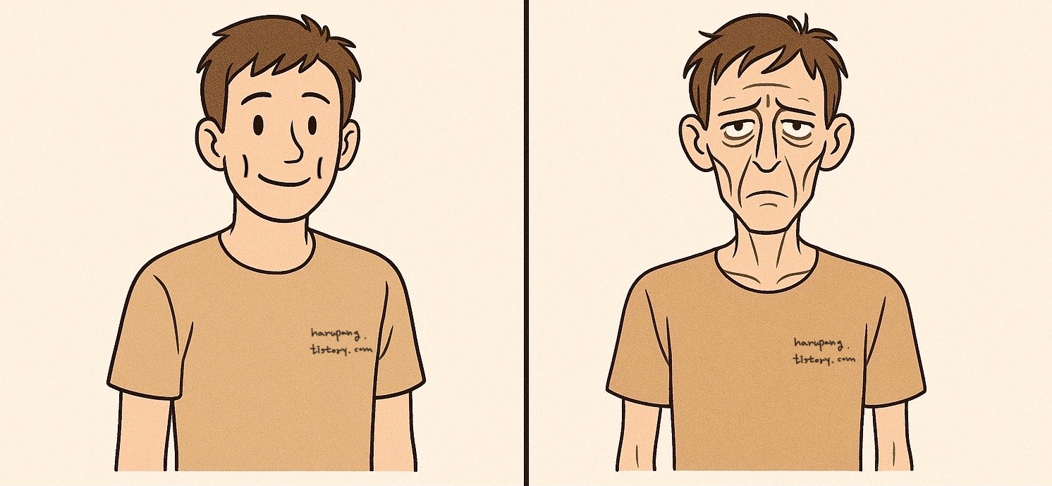 '야위다'와 '여위다'의 차이를 나타내는 그림, 왼쪽 사람이 볼만 조금 홀쭉해진 모습이고 '야위다' 이다. 오른쪽 사람은 완전히 엄청 마르고 아픈 것 같은 모습이고 '여위다' 이다.