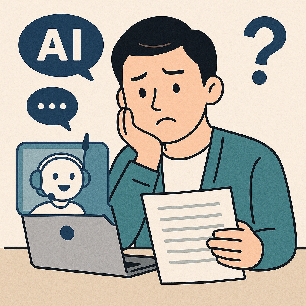 노트북 앞에 앉아 종이를 들고 혼란스러운 표정을 짓는 동아시아 남성, 화면 속에는 헤드셋을 쓴 AI 비서가 웃으며 나타나 있고 옆에는 ‘AI’라는 텍스트와 말풍선 아이콘이 함께 배치된 일러스트