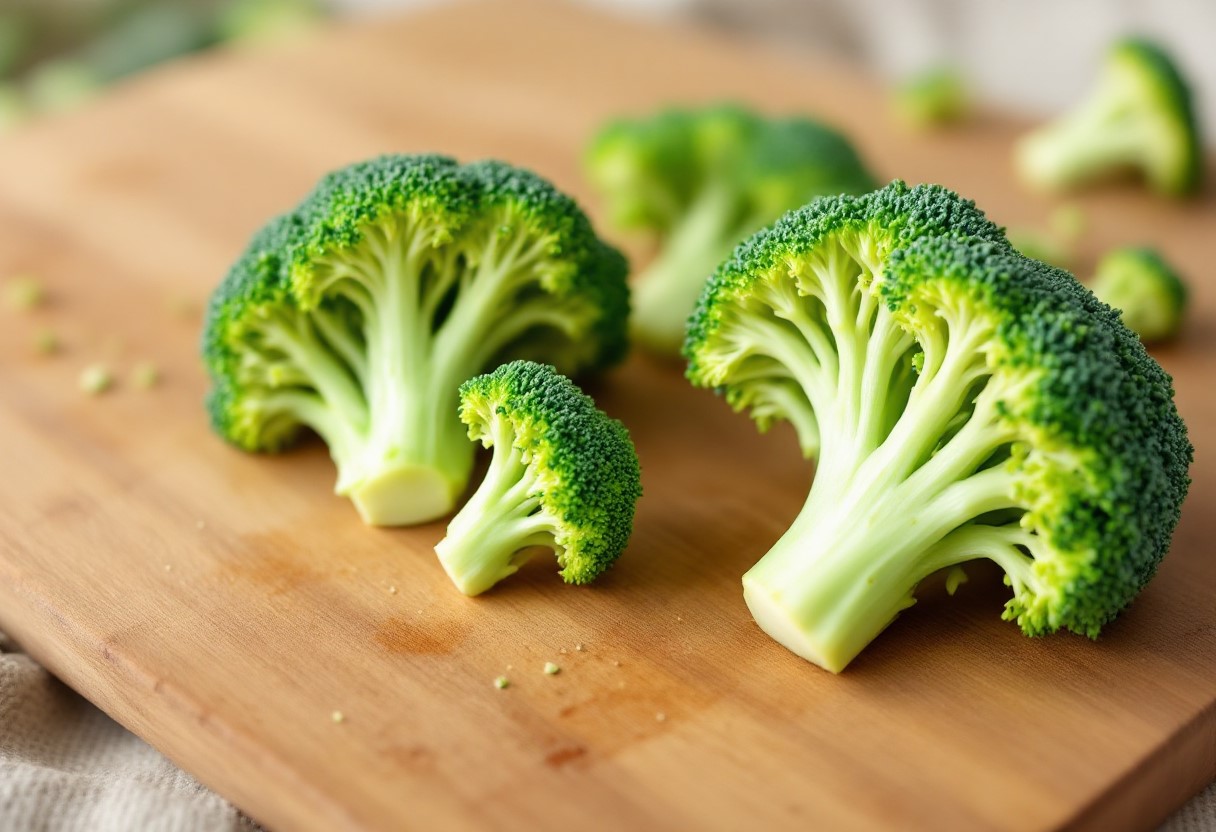 나무 도마 위에 놓인 신선한 브로콜리 송이. 내장지방 감소에 효과적인 브로콜리