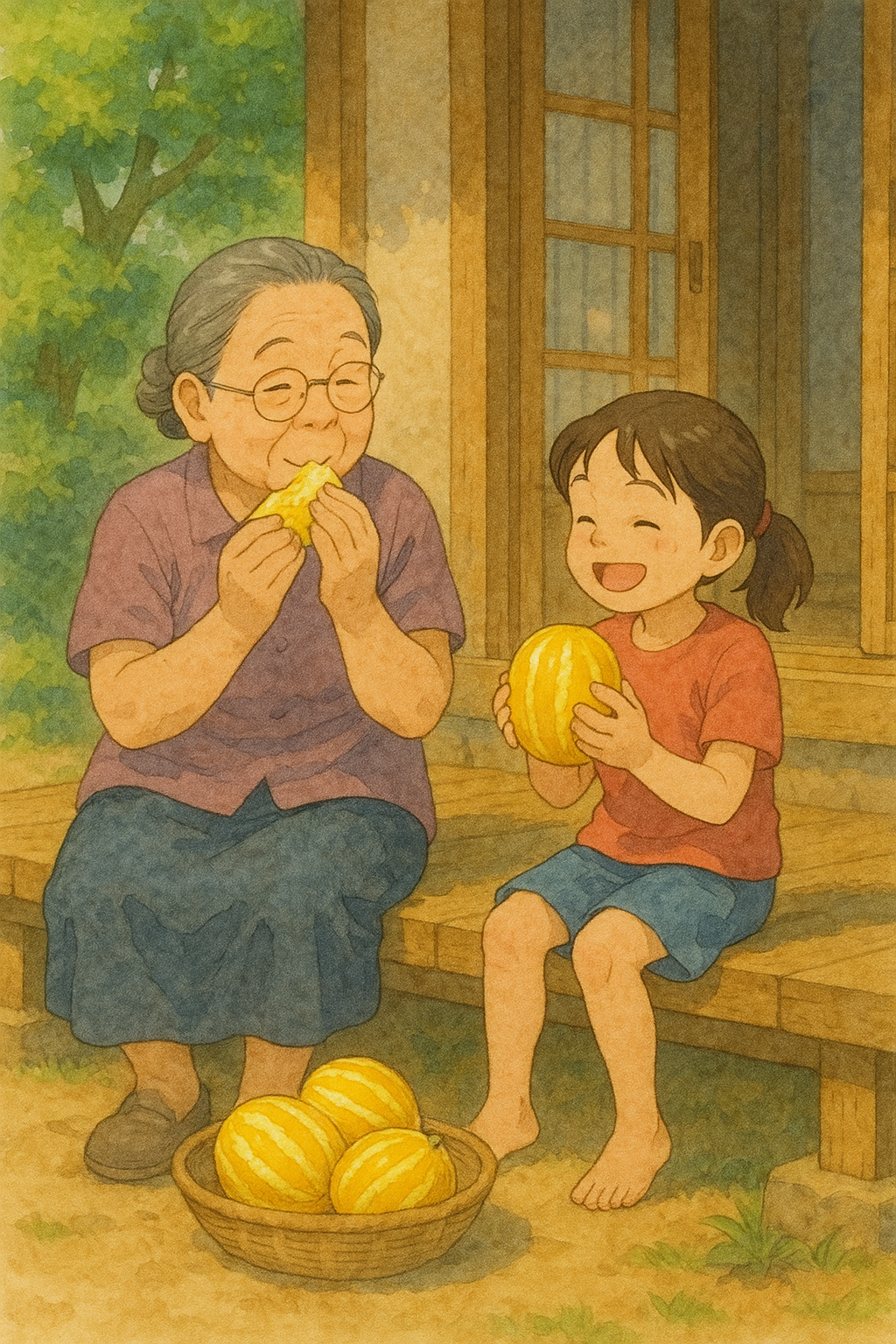 할머니와 손녀가 여름방학에 마당에서 참외를 먹는 장면, 수채화 스타일로
