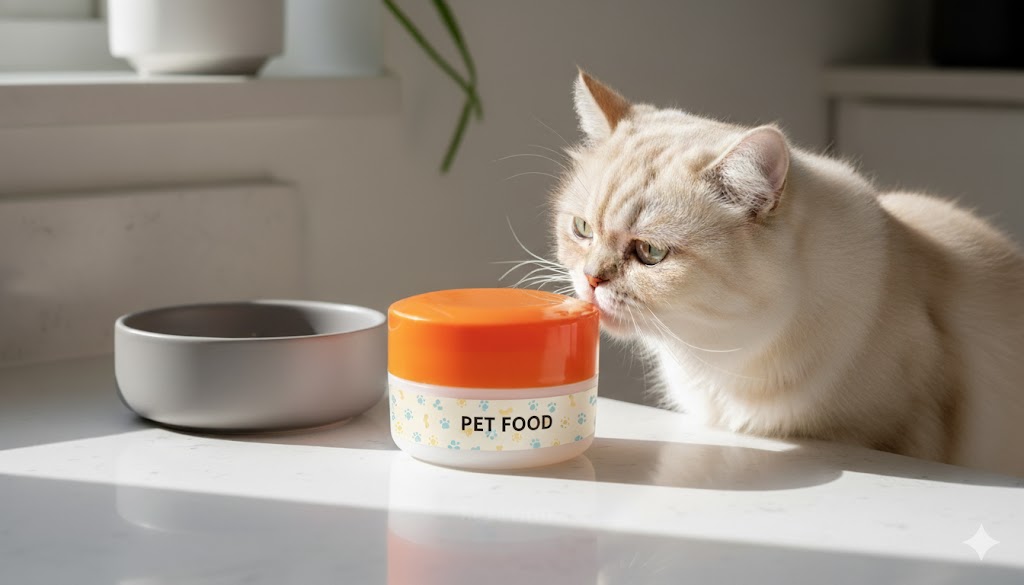 모던하고 깔끔한 주방 공간에 삼양플라스틱 원형 사출 용기 (PET FOOD 라벨)가 놓여 있고, 호기심 많은 고양이가 냄새를 맡고 있는 모습입니다. 용기의 새로운 활용 가능성을 보여줍니다.