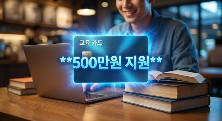 국비지원 혜택을 상징하는 국민내일배움카드와 500만원 지원 문구, 공부하는 사람 이미지