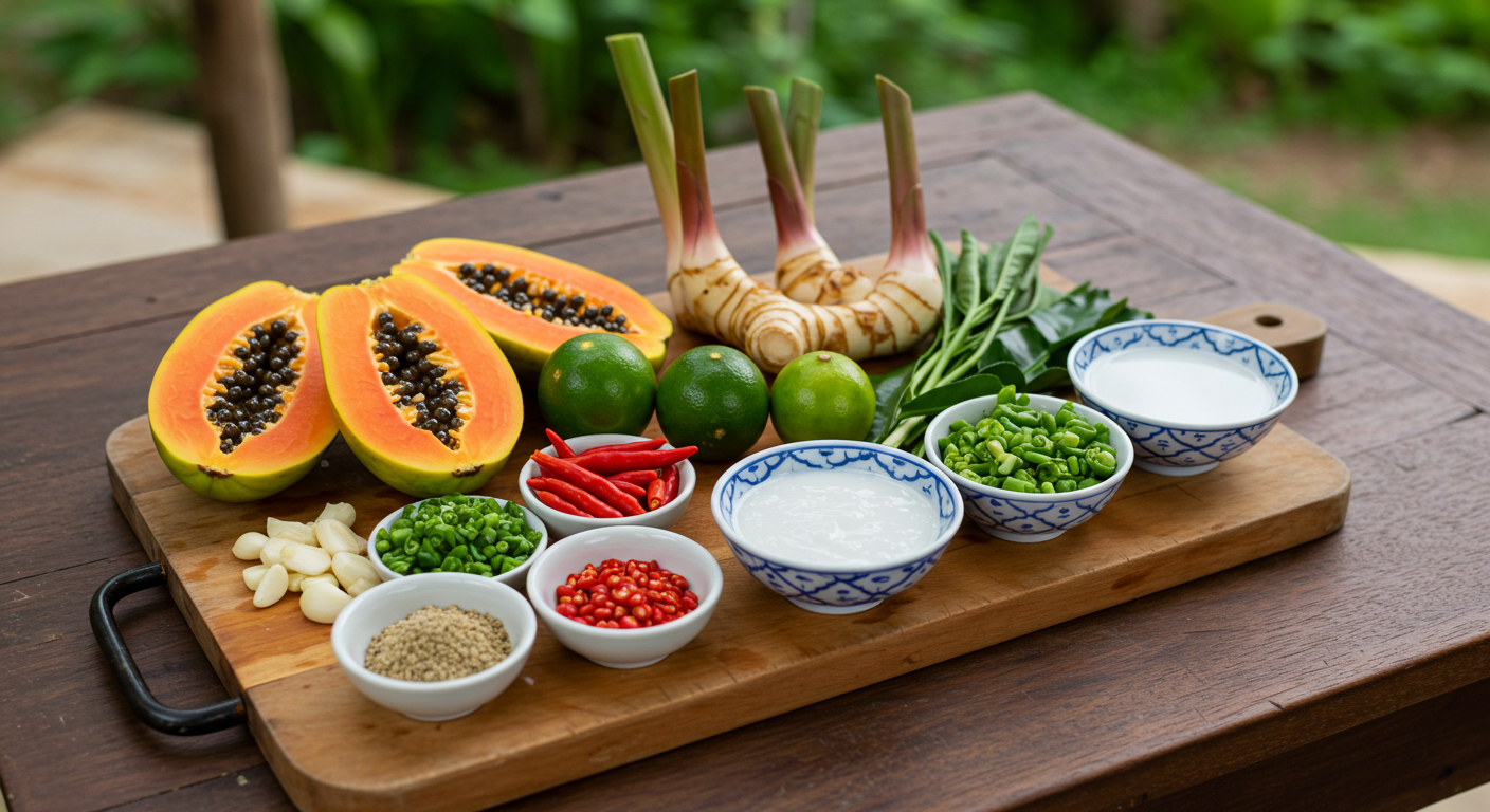 개인 요리 공간에 깔끔하게 정돈된 신선한 태국 식재료들(파파야, 라임, 고추, 코코넛 밀크 등)