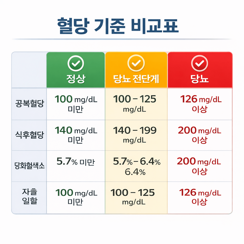 혈당 기준 비교표 (정상, 당뇨 전단계, 당뇨)