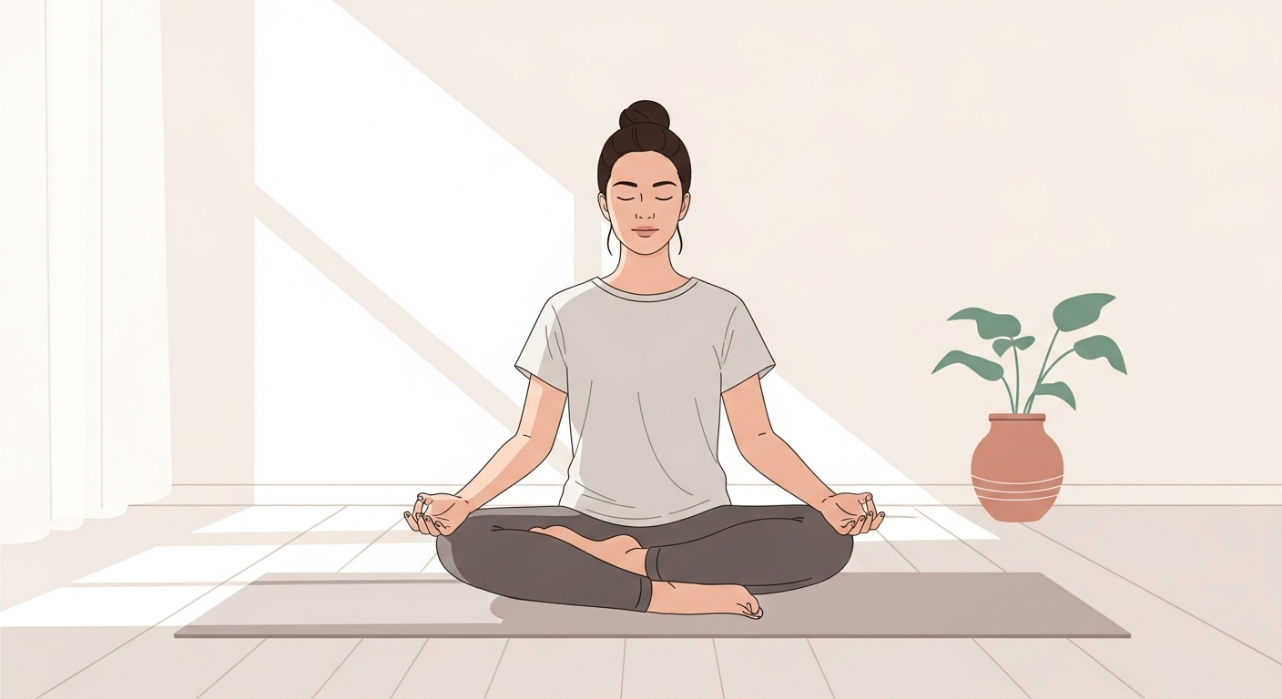 평화로운 공간에서 명상이나 가벼운 요가를 하는 사람의 모습. 스트레스 해소와 마음의 평화를 통해 혈압을 관리하는 건강한 생활을 상징.