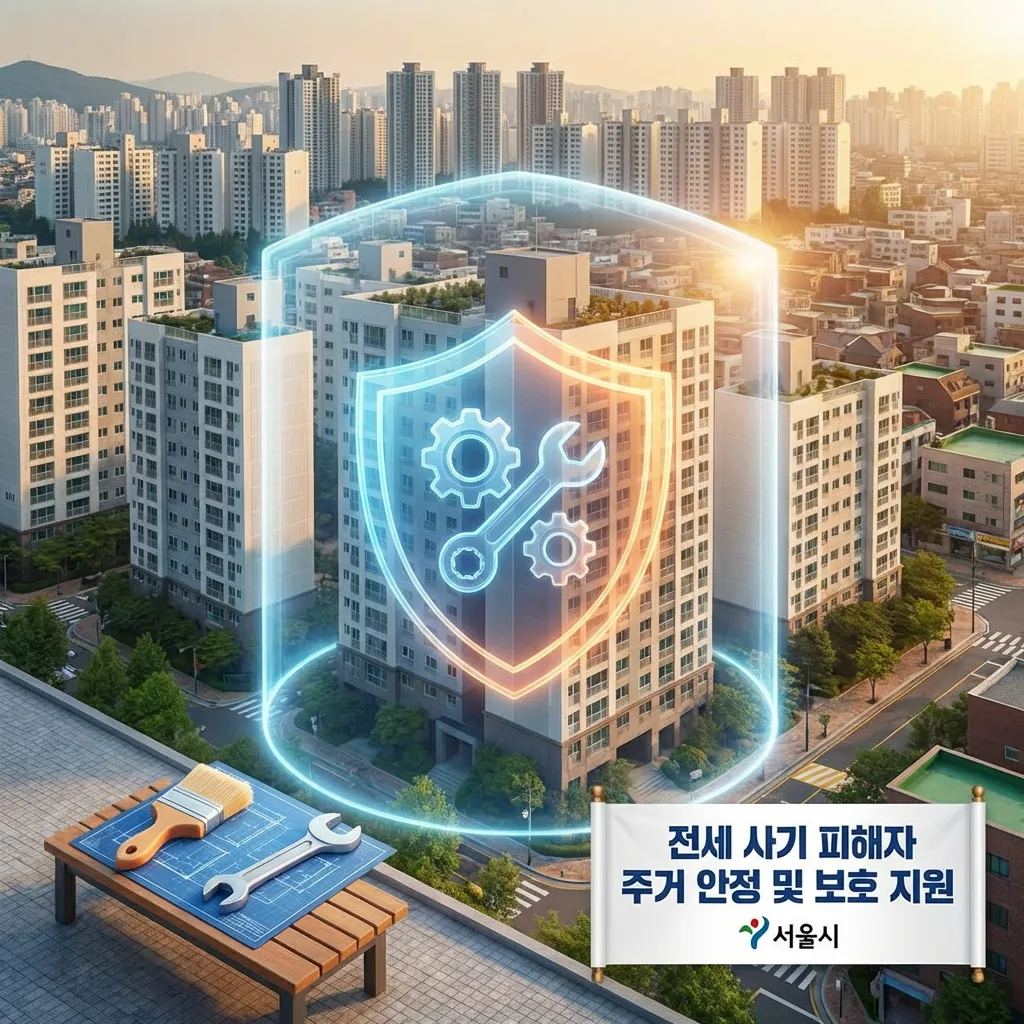 서울시 전세사기 피해주택 수리비 지원 정책을 상징하는 아파트와 보호 방패 일러스트