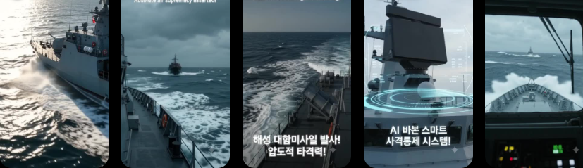"해성 대함미사일 발사! 압도적 타격력!"과 "AI 바쁜 스마트 사격통제 시스템!"