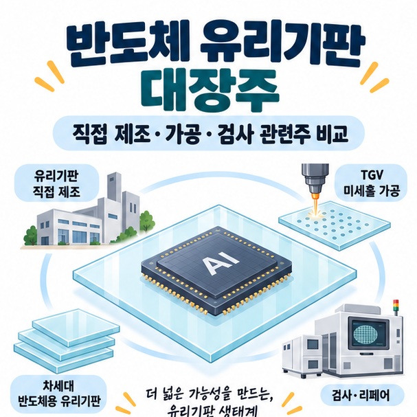 반도체 유리기판 대장주와 글라스기판, AI 반도체 패키징을 함께 보여주는 이미지