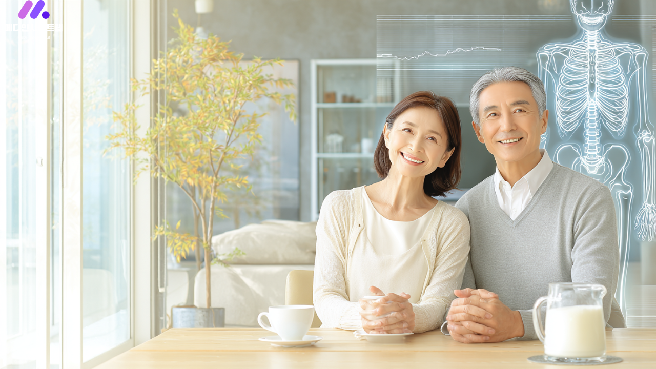 칼슘과 비타민D 보충제를 통해 뼈 건강을 관리하는 중장년층의 모습과 골밀도 개념을 표현한 이미지