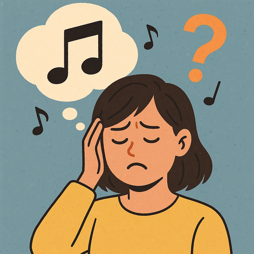 특정-노래가-머리에서-떠나지-않아-고통스러워하는-표정의-여성과-생각-풍선에-음표와-물음표가-그려진-일러스트