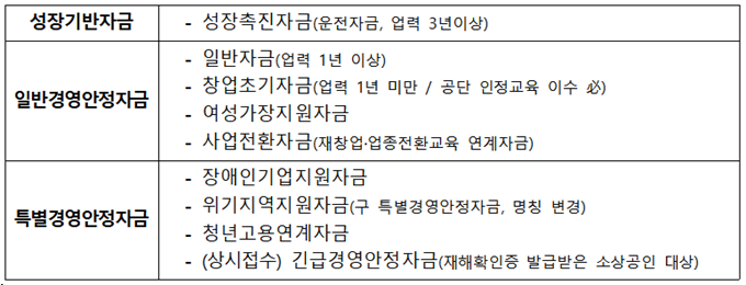 소상공인 정책자금 대리대출의 종류를 구분해 놓은 표