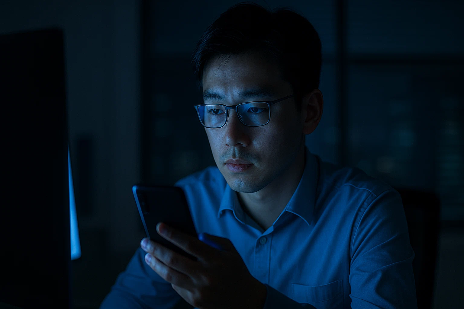 어두운 사무실에서 컴퓨터와 스마트폰 화면을 번갈아 보는 한국인 직장인, 모니터 블루라이트 효과 강조, 눈을 깜빡이지 않고 집중하는 모습, 약간 피로한 표정