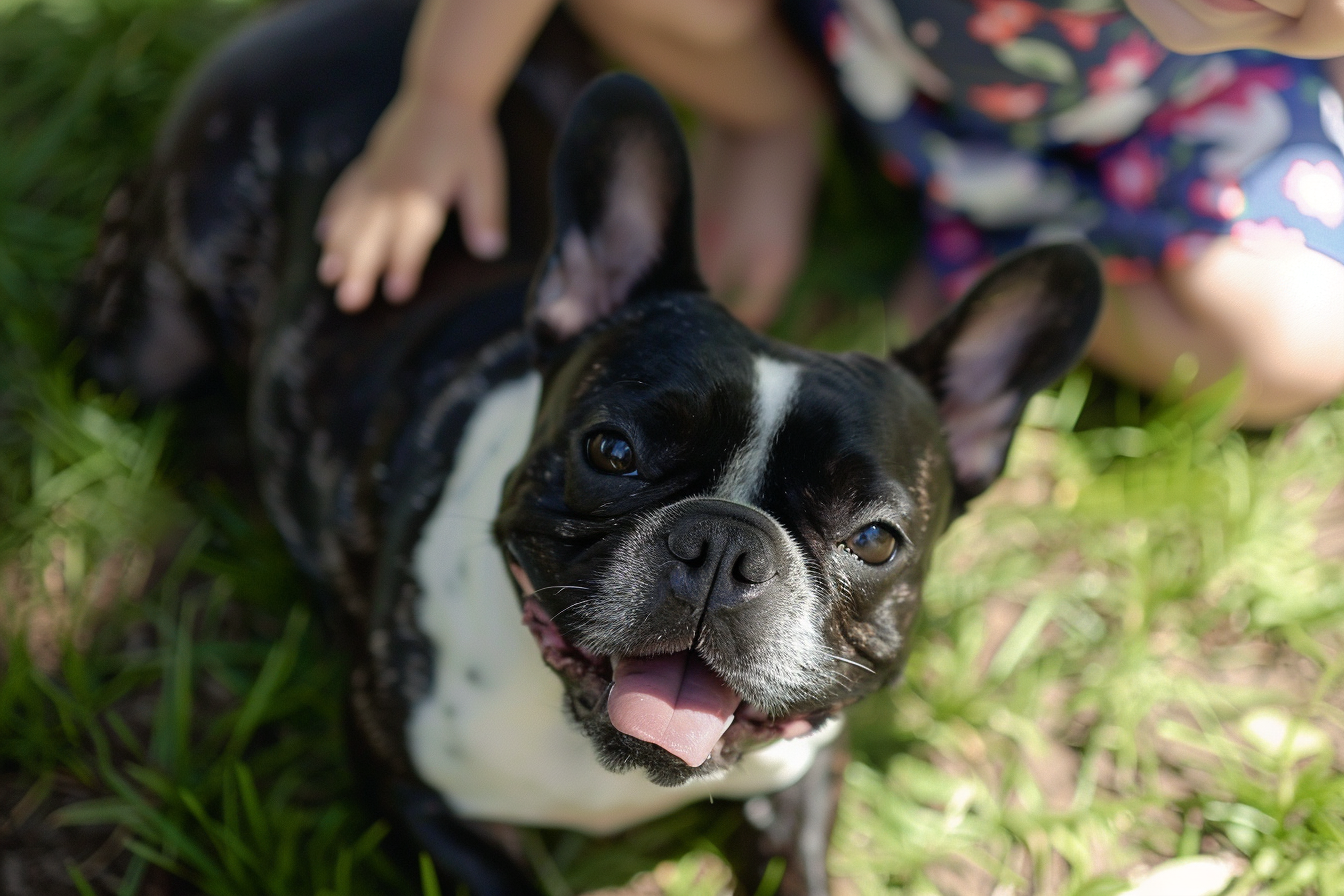 a French Bulldog playing with a child