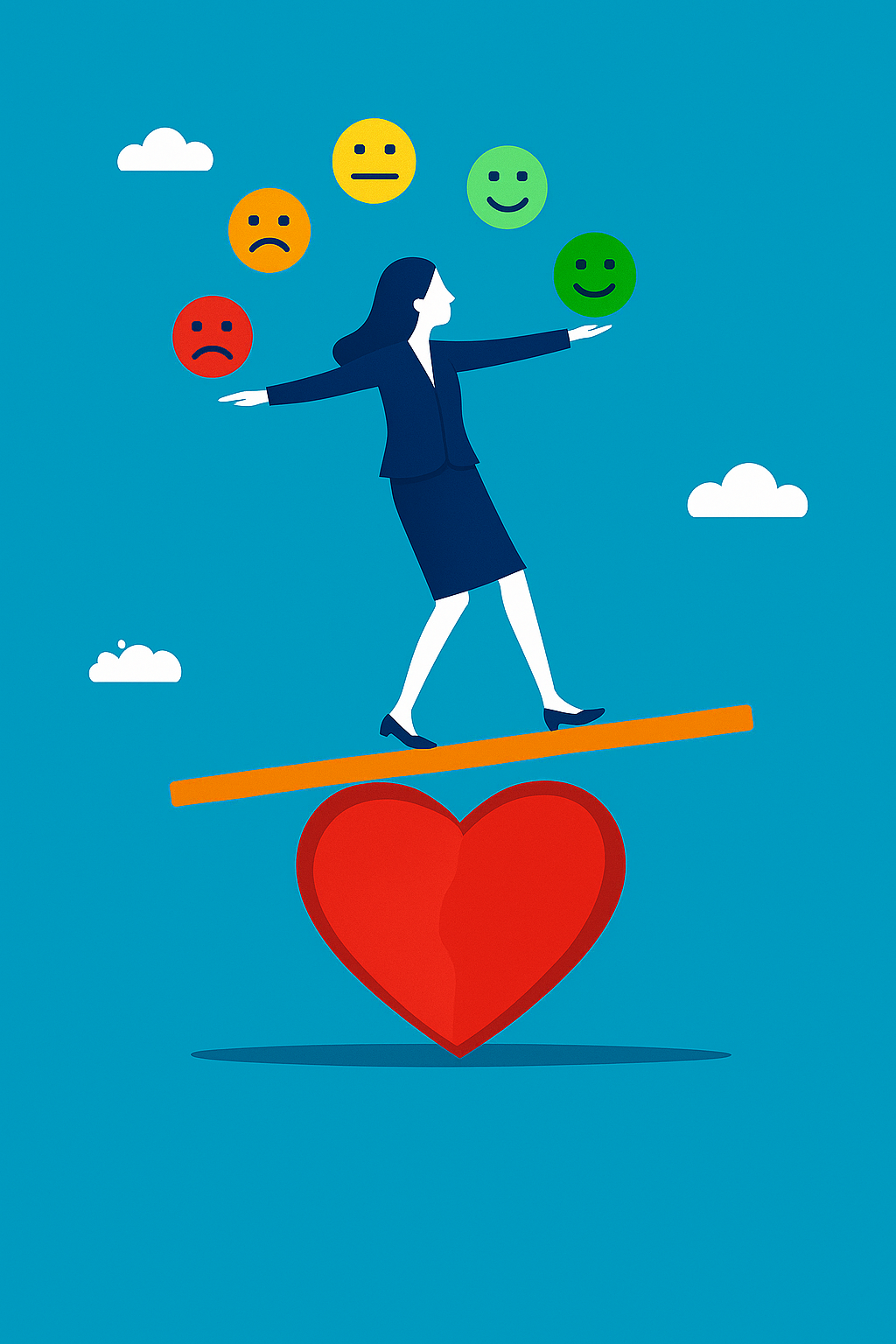 다양한 감정 이모티콘을 균형잡으며 걷는 여성의 모습