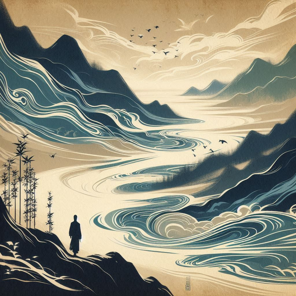 By staying low, it becomes the king of all waters. By standing behind, it leads. It does not contend.