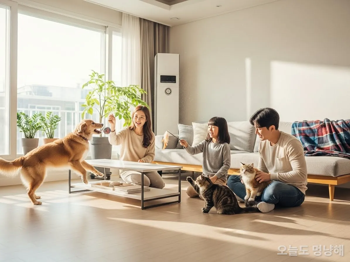 한국인 가족이 거실에서 강아지, 고양이와 행복하게 놀며 스트레스를 해소하는 모습