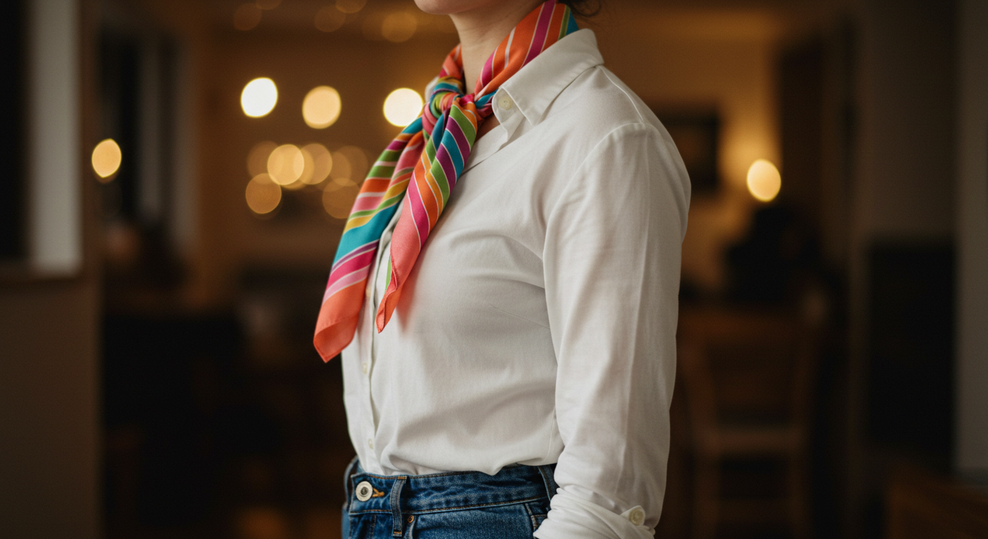 화이트 셔츠와 데님 팬츠에 비비드 컬러의 스카프를 묶어 빈티지 포인트를 추가