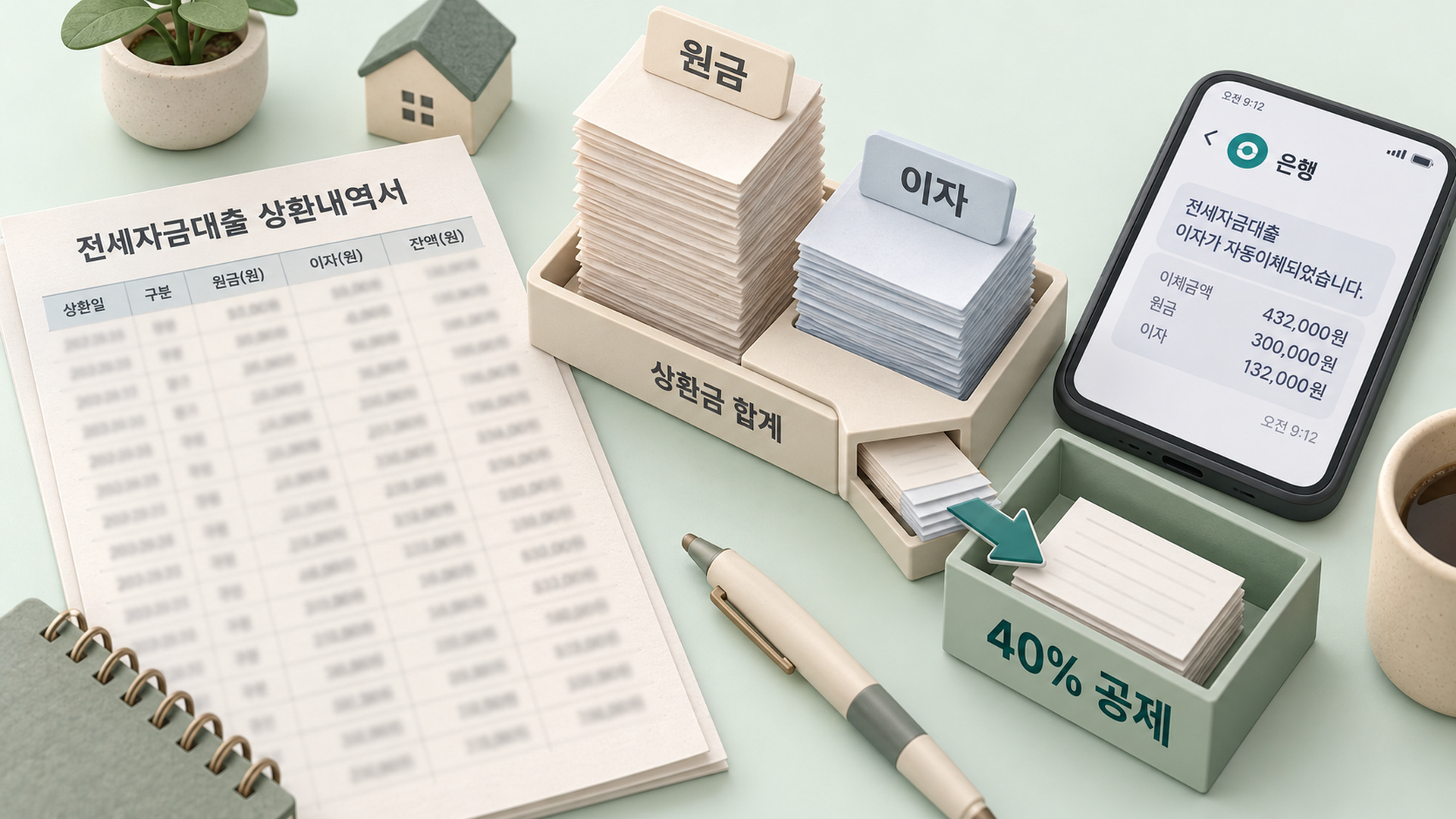 원금과 이자 두 칸이 합쳐져 40퍼센트만 공제로 넘어가는 상환표