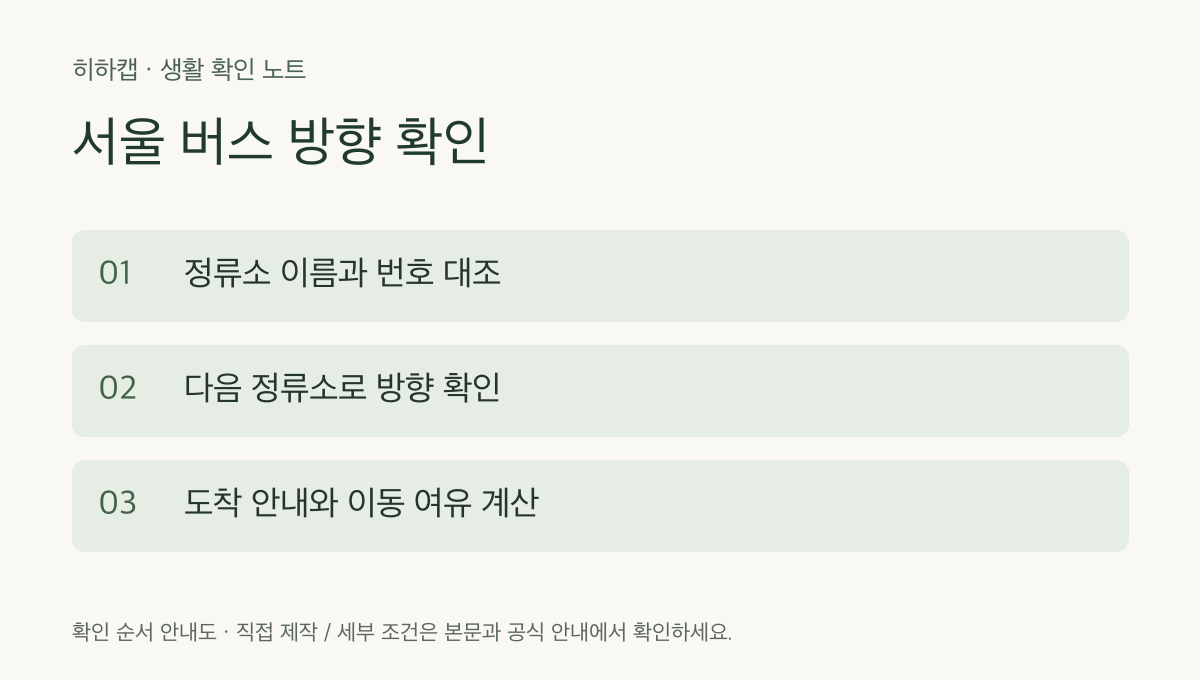 서울 버스 방향 확인 확인 순서: 정류소 이름과 번호 대조 &rarr; 다음 정류소로 방향 확인 &rarr; 도착 안내와 이동 여유 계산