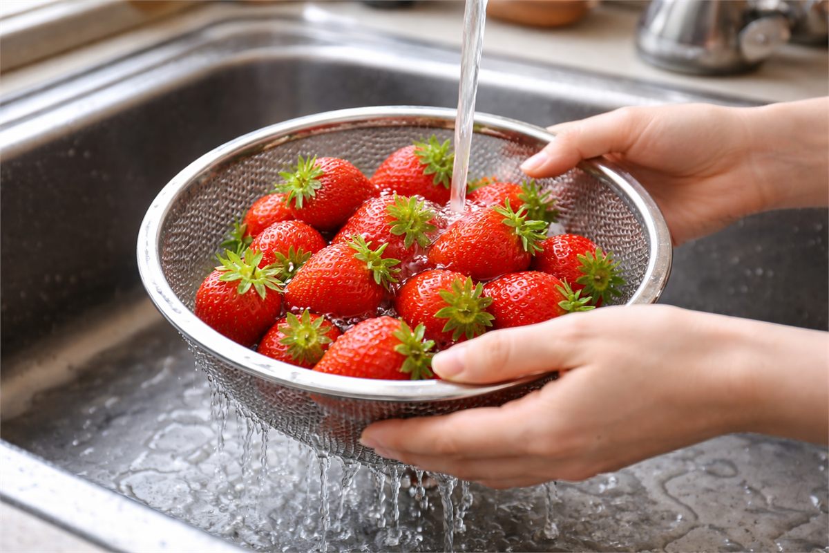 채반에 담긴 딸기를 흐르는 물에 헹구는 모습 