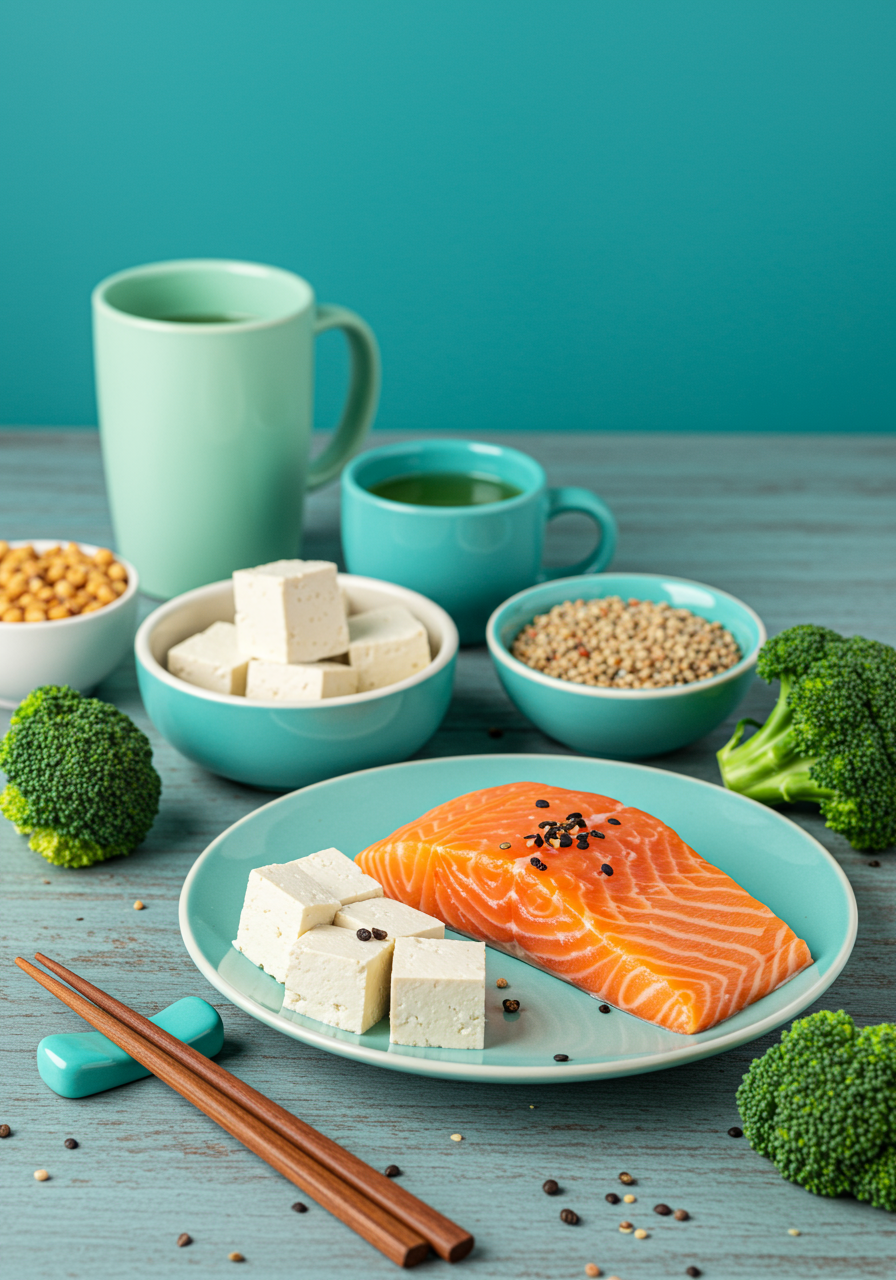 식탁에 연어, 두부, 브로콜리, 차, 콩 등의 음식이 차려져 있는 실사 이미지