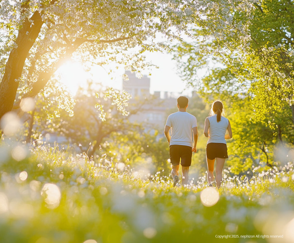 가벼운 걷기로 운동을 하고 있는 커플
