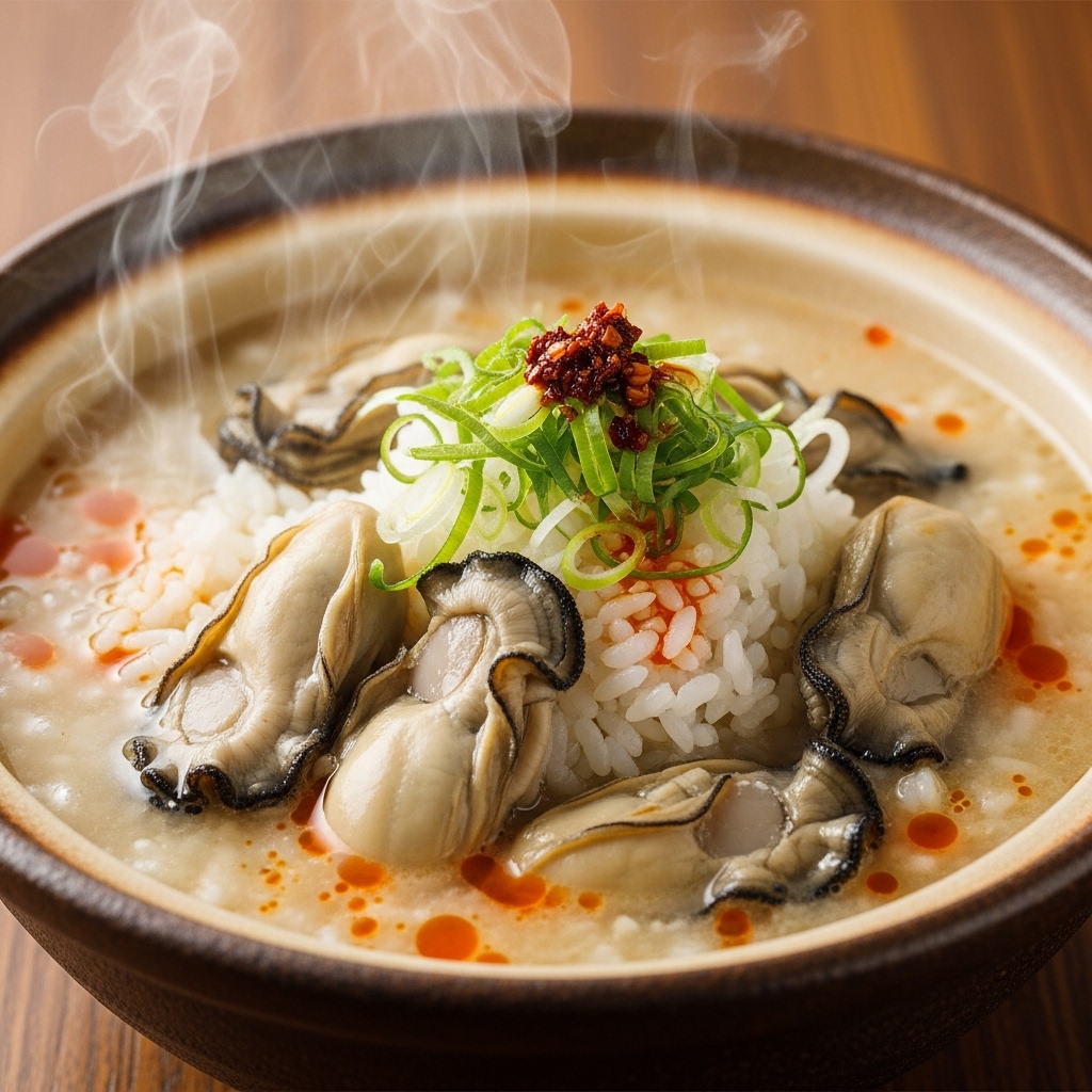 뜨거운 김이 피어오르는 따뜻한 굴국밥 클로즈업. 굴과 밥이 푸짐하게 담겨있다.