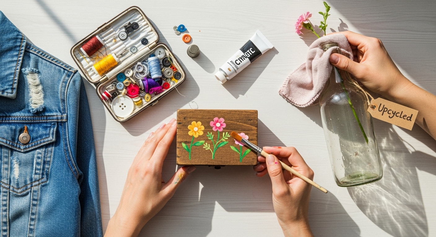 바늘과 실, 유리병, 그림을 그리고 있는 손 등 수선하고 재활용하는 모습. 물건을 아껴 쓰고 다시 쓰는 지혜를 보여줍니다.