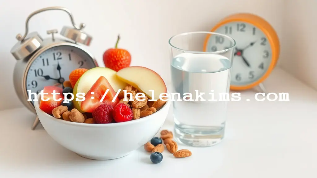 하얀 탁자 위헤 시계 2개와 과일, 견과류 등이 담긴 그릇 그 옆에 유리컵에 물 한 잔이 놓인 모습.