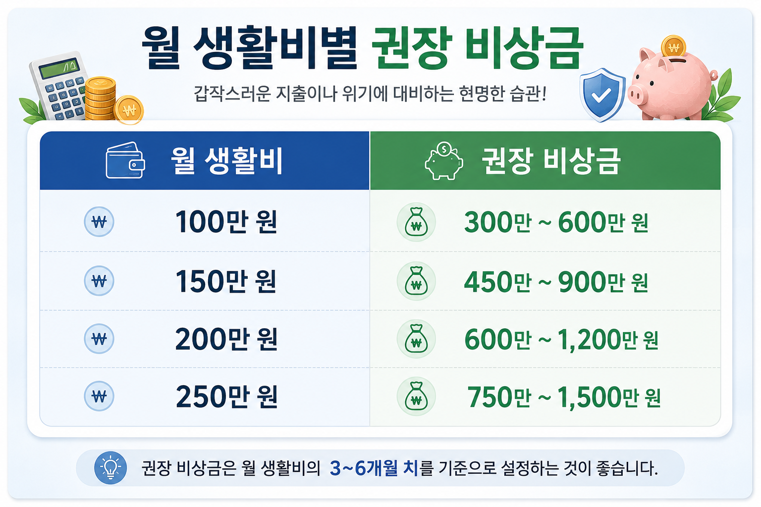 전문가들의 월 생활비별 권장 비상금액